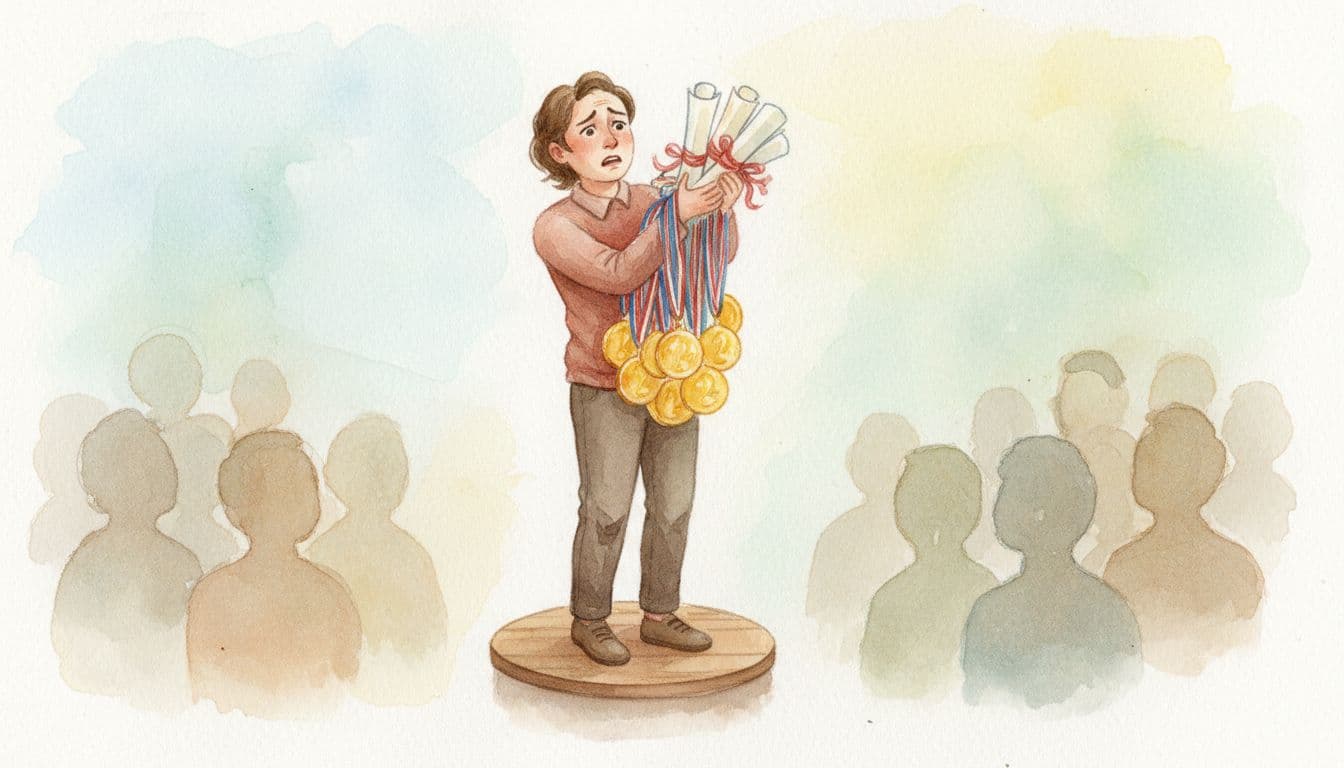 A person stands on a podium holding medals while appearing anxious and looking toward an unseen audience.