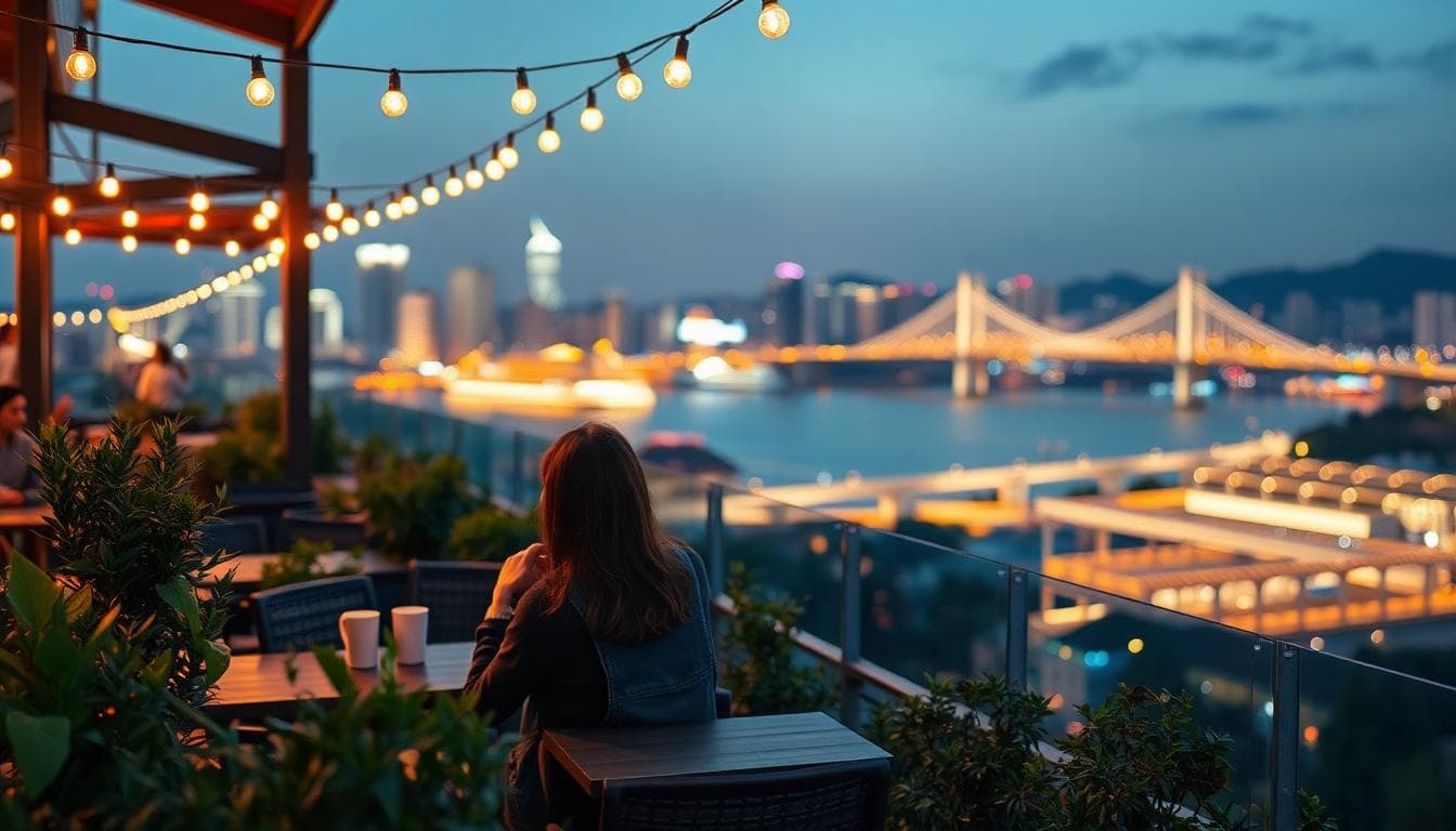  outdoor cafe terrace with city night view and couple 