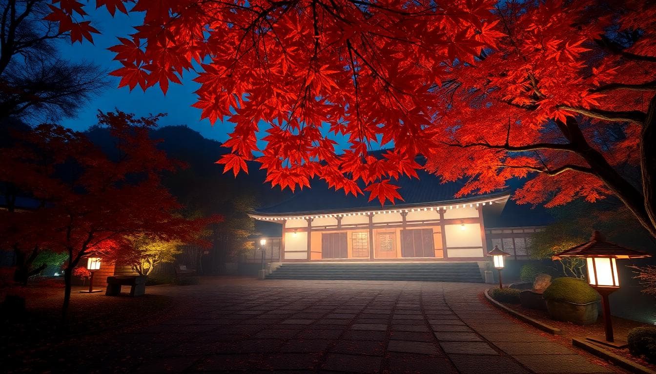 夜間楓葉燈光秀與古寺輪廓