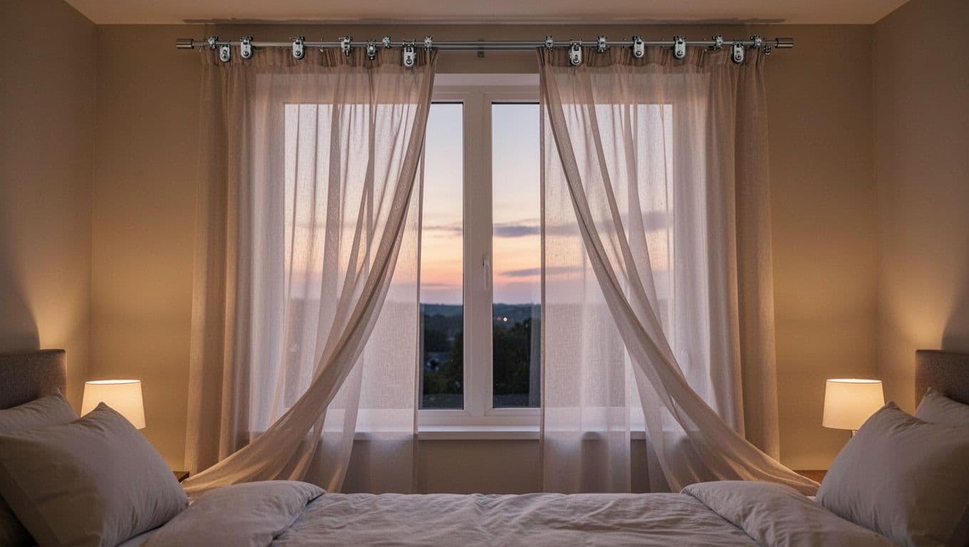 Photorealistic image of a smooth quiet curtain pulling scene in a serene bedroom at dusk with high-quality track, silent pulleys, and light sheer double-layer curtains gently draped.