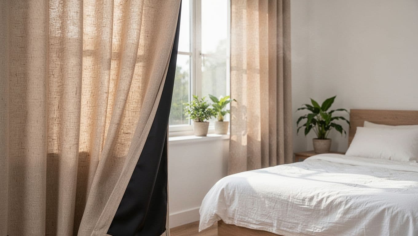 低預算訂製窗簾:遮光等級怎麼選睡得香 A serene bedroom interior featuring cotton-blend curtains with soft natural texture draped over a window, allowing gentle light filtration. The breathable, skin-friendly fabric in warm beige tones includes a blackout backing, with subtle weaves, relaxed folds, a simple bed with white sheets, and potted plants.