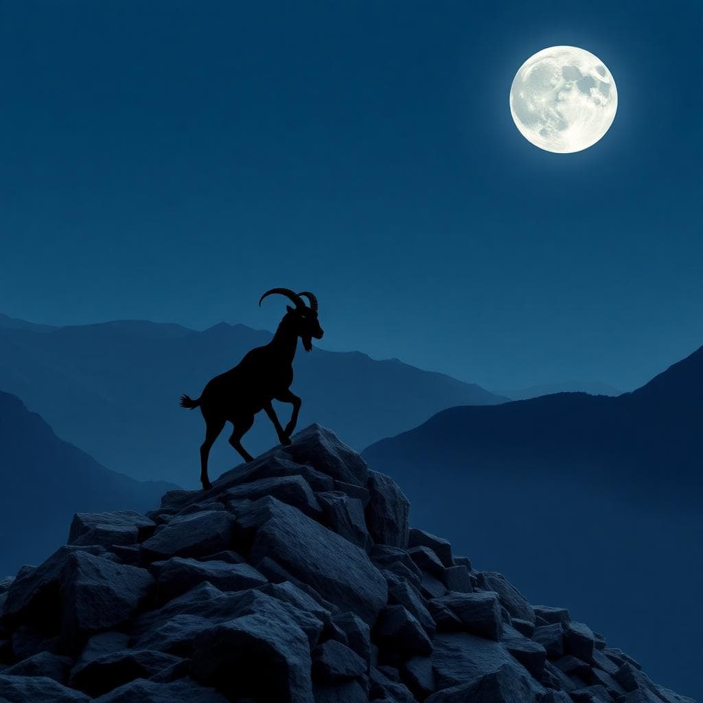Serene mountain landscape under a full moon with a goat silhouette