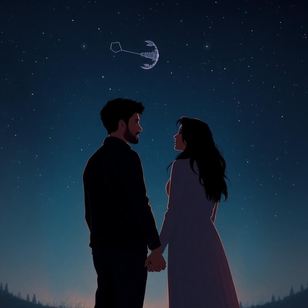 A serene image of a couple holding hands under a starry night sky with the Scorpio constellation visible, symbolizing trust and emotional safety in a relationship