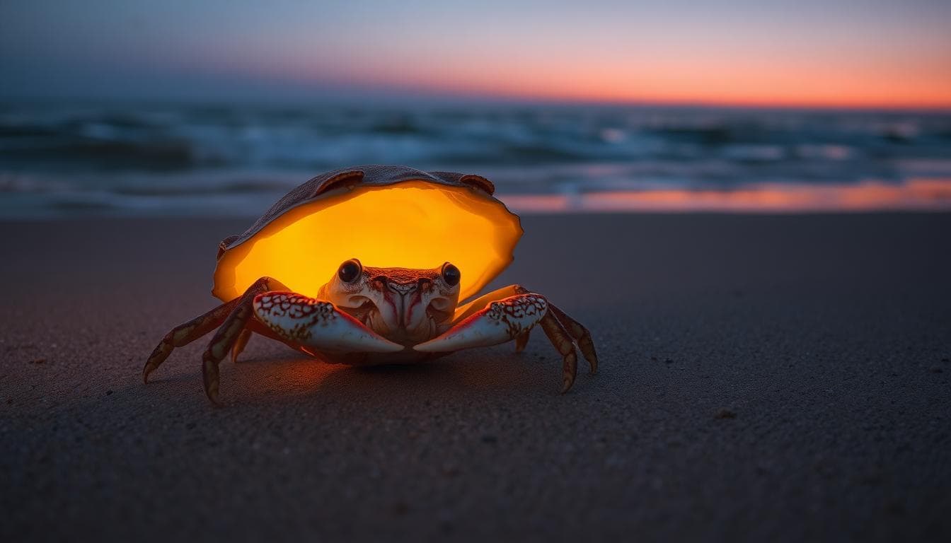 Serene crab shell retreat on a beach at dusk