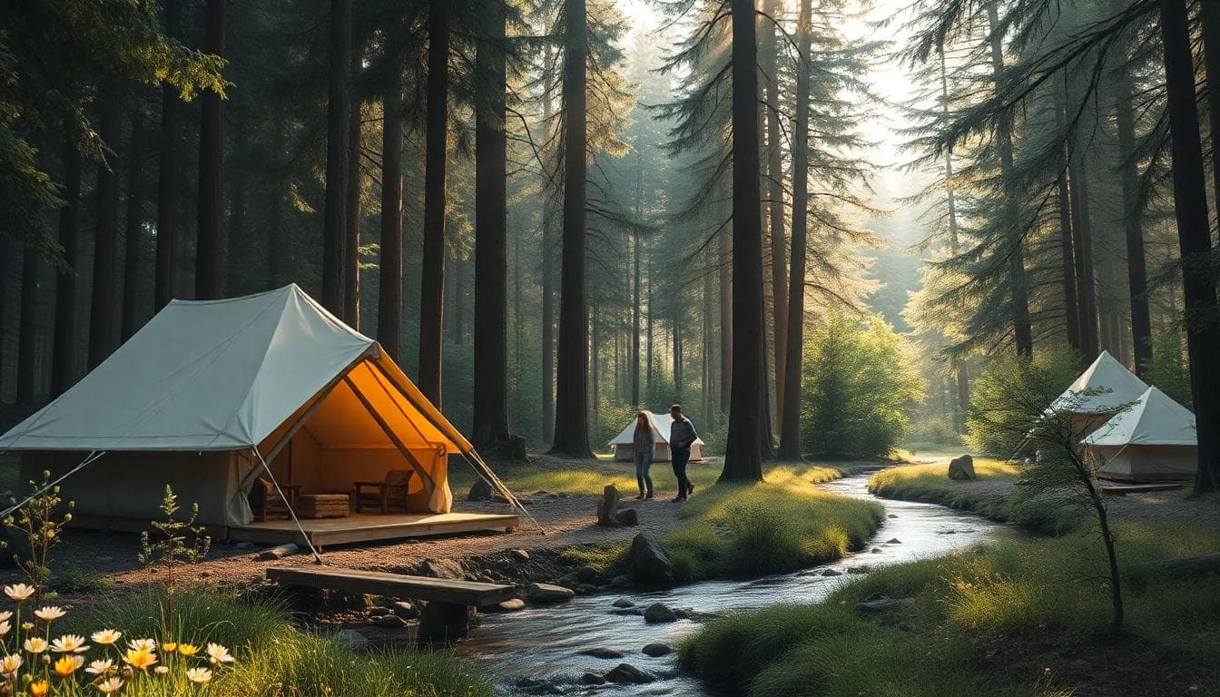 Serene forest campsite with luxury tents and a family strolling along a safe path, AI-generated image