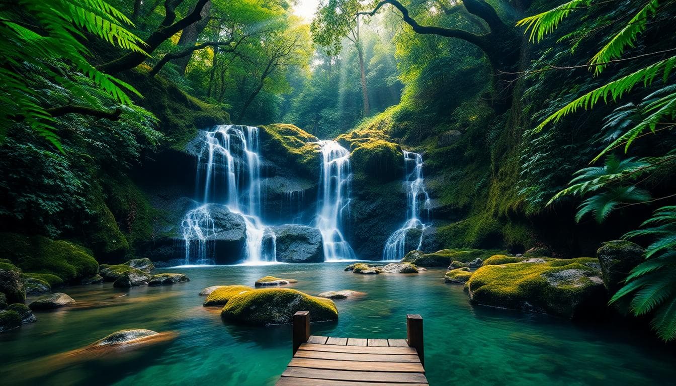 A serene hidden waterfall in Taiwan's lush forest, with crystal-clear water cascading down mossy rocks into a tranquil pool surrounded by dense green foliage and ferns.