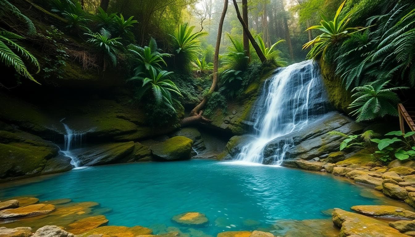 炮子崙瀑布周邊綠意盎然的森林小徑，水聲與鳥鳴在清晨尤為清新。