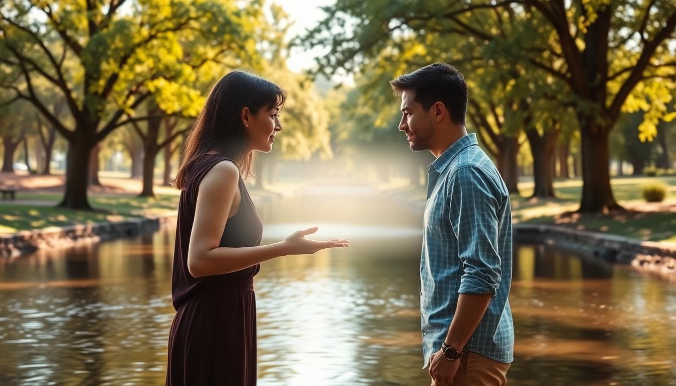 兩人隔著溪流伸手,象徵界線中的親密連結