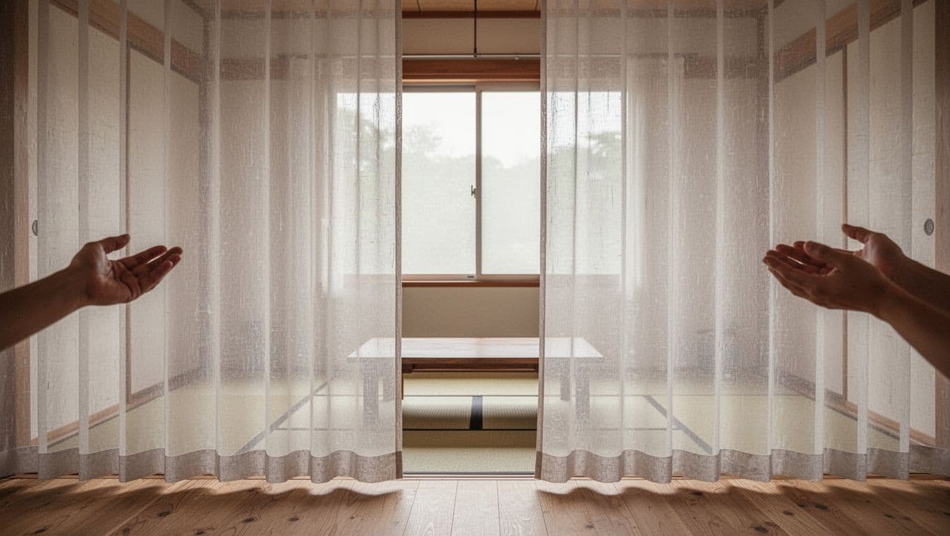 訂製窗簾想簡約?避開俗氣褶子的實用訣竅 A serene Japanese-style minimalist living room with wooden floors, simple furniture, and sheer curtains featuring wide-spaced pleats that create clean vertical lines and ample negative space. Soft diffused light filters through the single window, emphasizing an airy, uncluttered feel with tatami mats and a low table in the background.