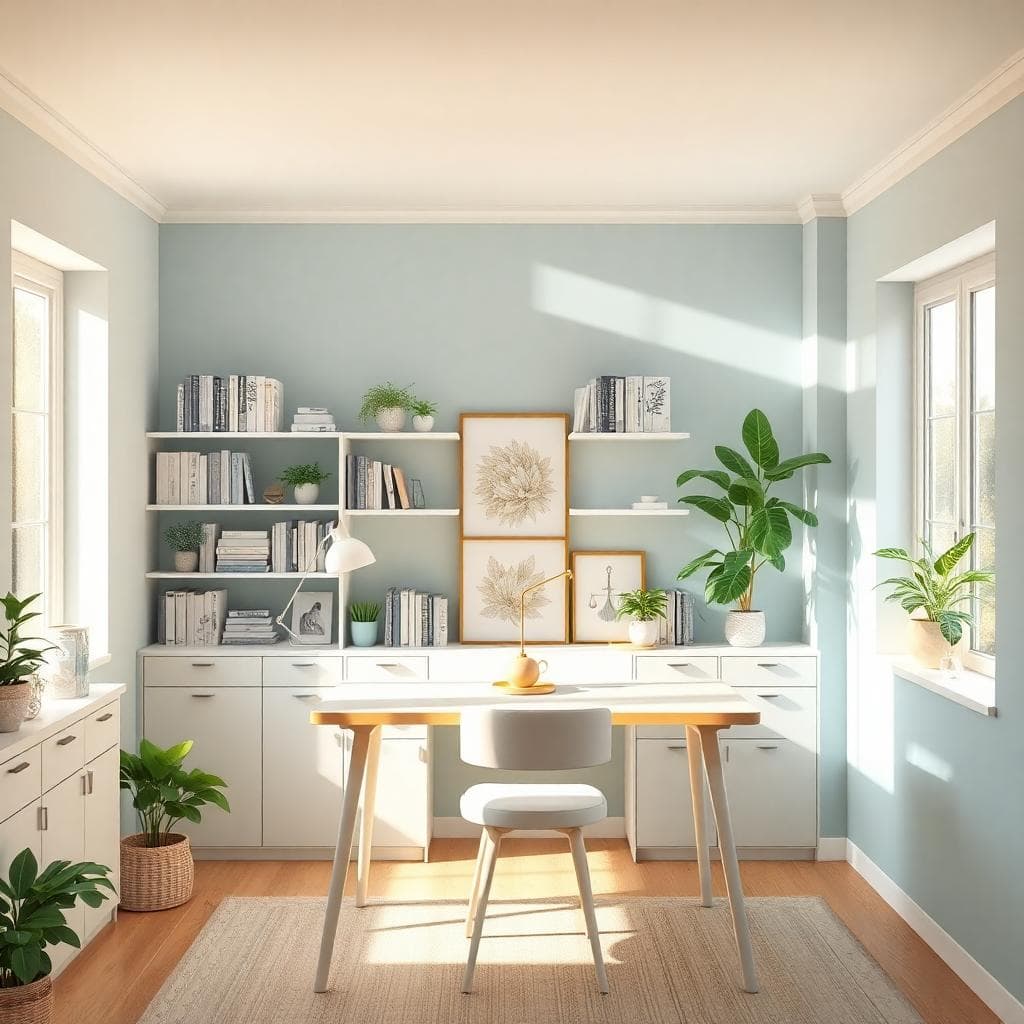 Image of a harmonious home workspace with balanced colors and soft lighting