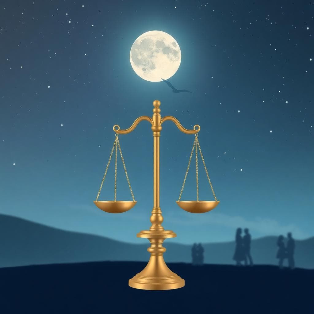 Image generated by AI: Serene night scene with Libra symbolism, soft winds, and a harmonious social gathering in the distance.