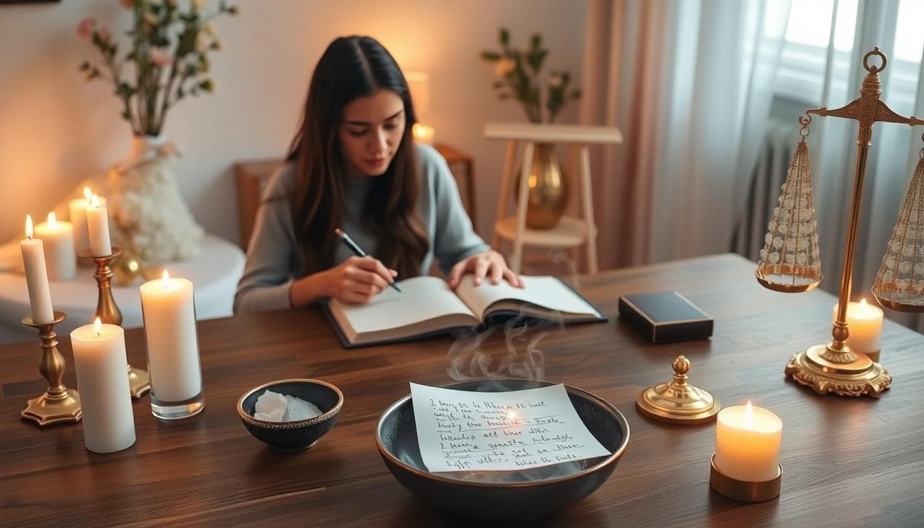 A serene Libra zodiac scene for emotional healing in the first week after breakup. Show a person sitting at a wooden table in a softly lit room, writing feelings in a journal, surrounded by lit candles in elegant holders, crystals, and a golden scale symbolizing balance. They burn a piece of paper with written emotions in a safe bowl, releasing smoke gently. Background includes aesthetic elements like fresh flowers and pastel curtains for a calming atmosphere. Foreground focuses on the ritual of release. Style is realistic digital art with warm, soothing colors like soft blues, golds, and whites. Mood is peaceful and introspective, evoking inner calm and renewal. No text or watermarks.