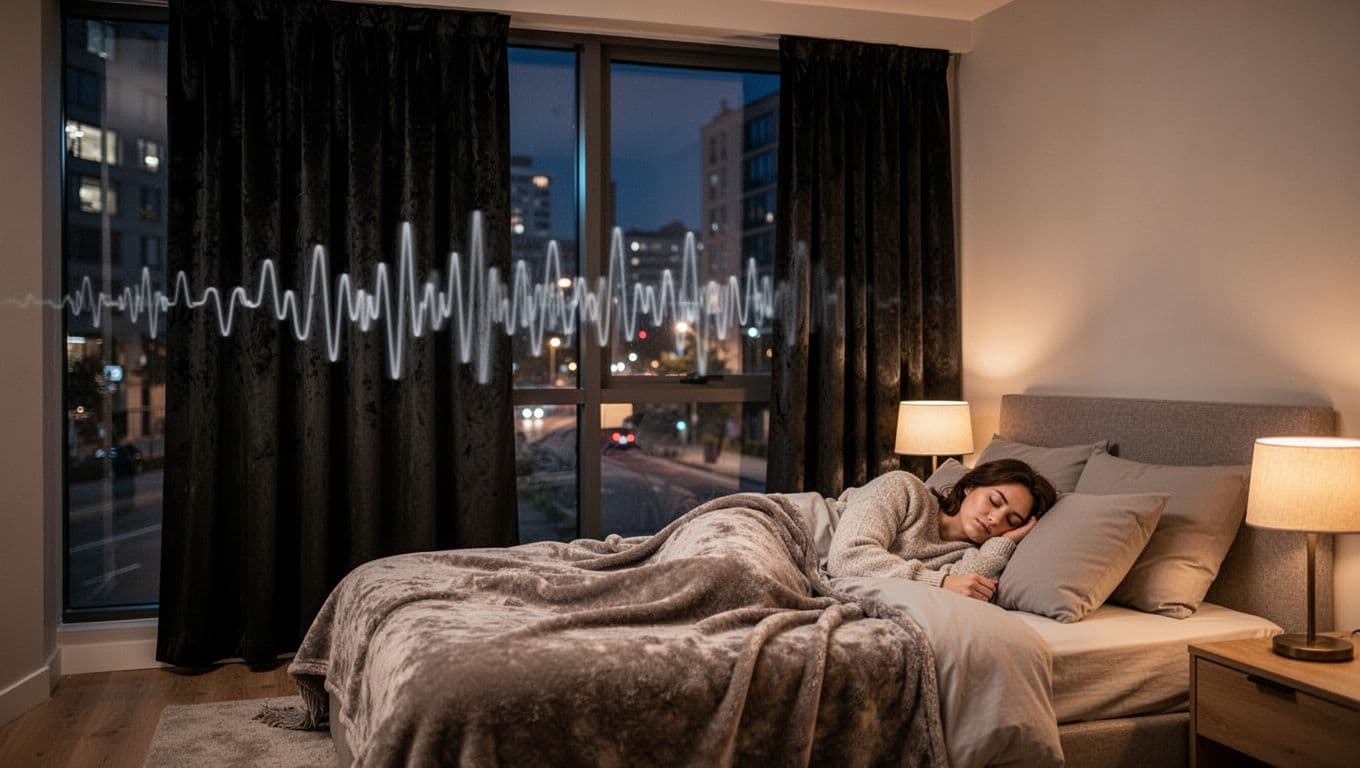 A serene modern bedroom at night features thick multi-layered velvet blackout curtains blocking urban street noise visualized as faint blurred sound waves outside, contrasting the peaceful interior where one person sleeps soundly on a cozy bed with warm bedside lamp lighting.