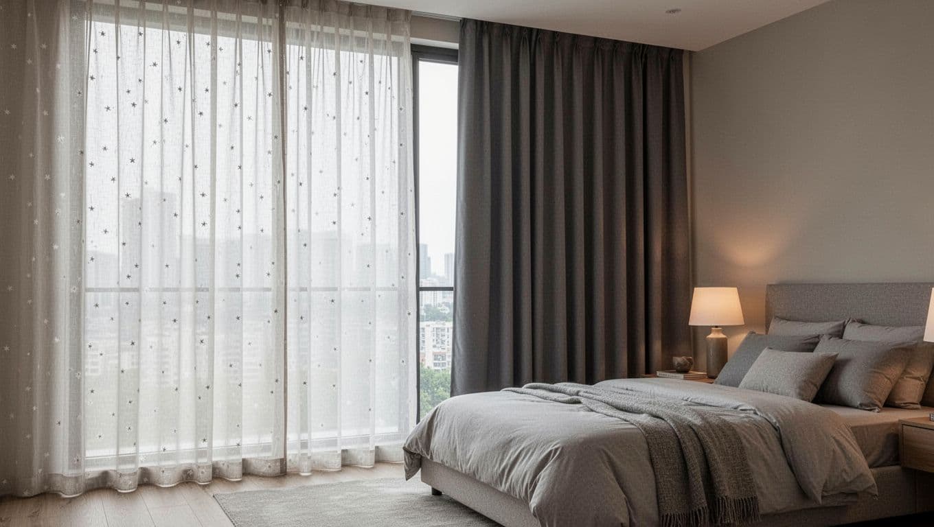 大面窗訂製窗簾怎麼估價?先抓寬高面積數字 Photorealistic serene modern bedroom with floor-to-ceiling window featuring partially open light sheer voile curtains and closed thick gray blackout curtains side by side, cozy bed, nightstand, soft lamp light, detailed fabric textures.