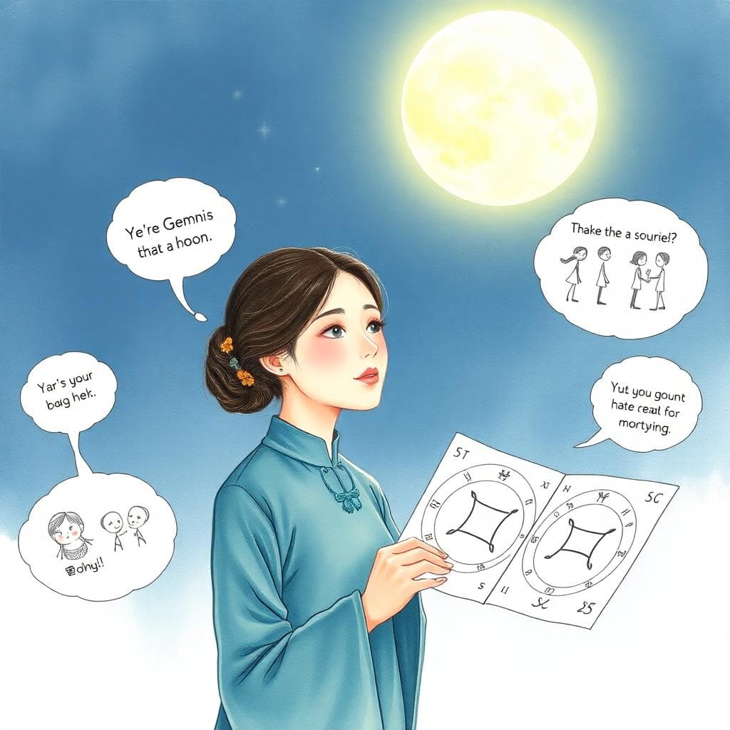 月亮雙子座互動意象，柔和月光下的活潑對話場景，AI生成插畫