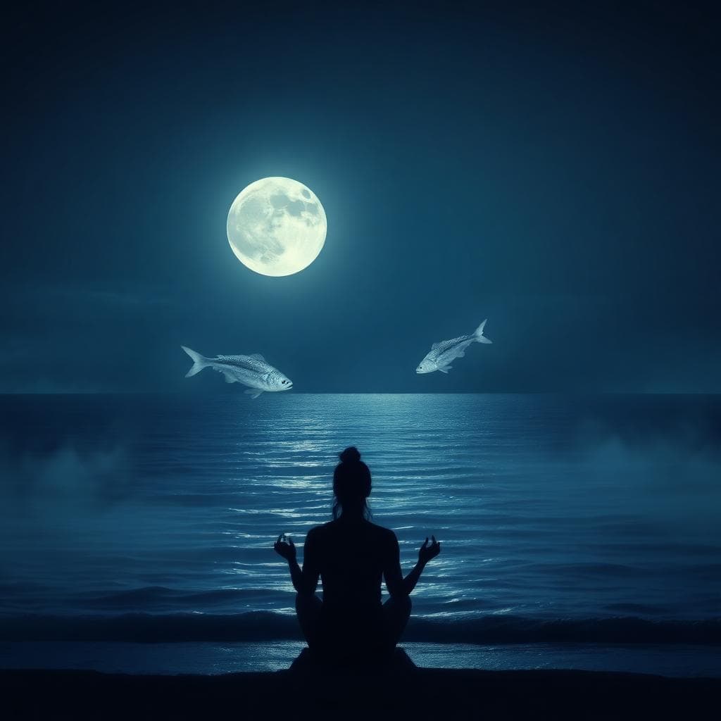 serene moonlit ocean with ethereal fish, AI generated