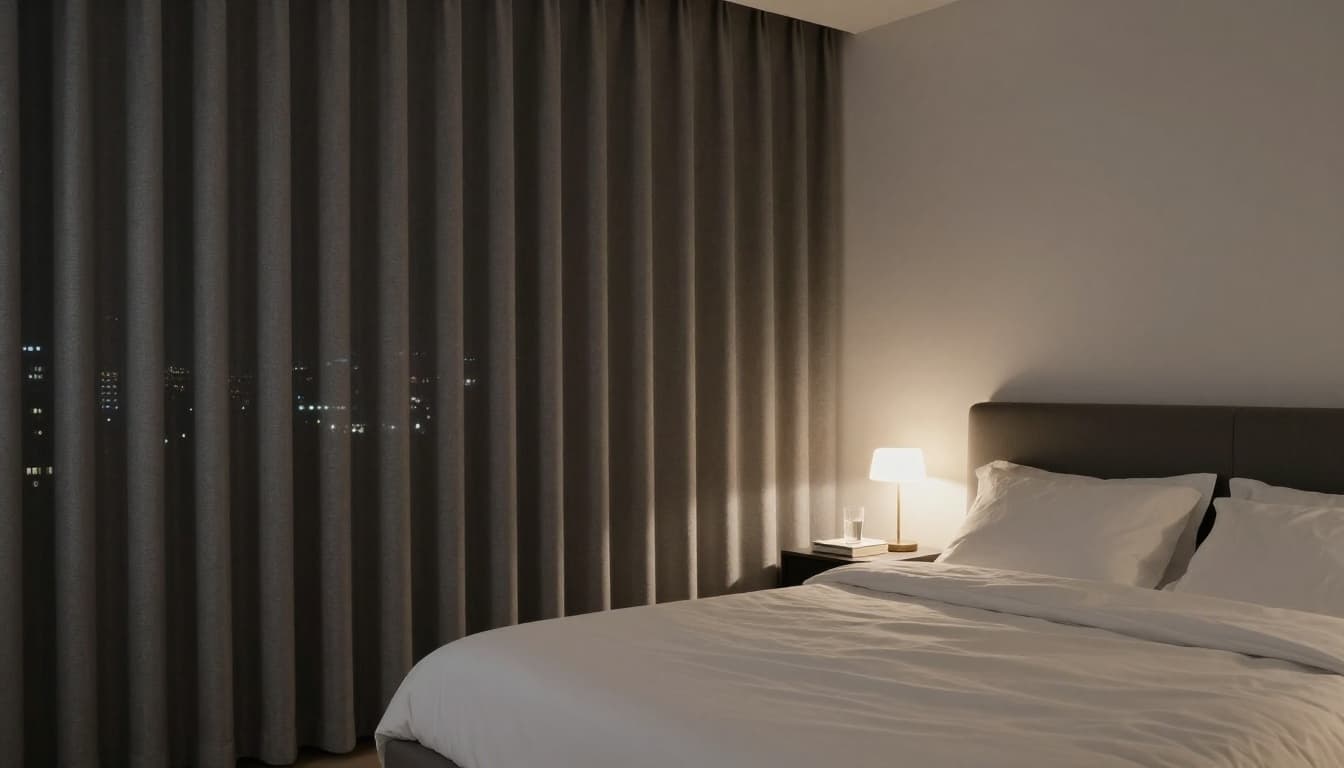 先做重點房間划算嗎?窗簾訂製分期規劃原則 A serene contemporary master bedroom at night with floor-to-ceiling windows covered by thick soft gray blackout curtains blocking all external light, cozy white-sheeted bed illuminated by a warm bedside lamp, nightstand with book and water, promoting restful sleep in photorealistic detail.
