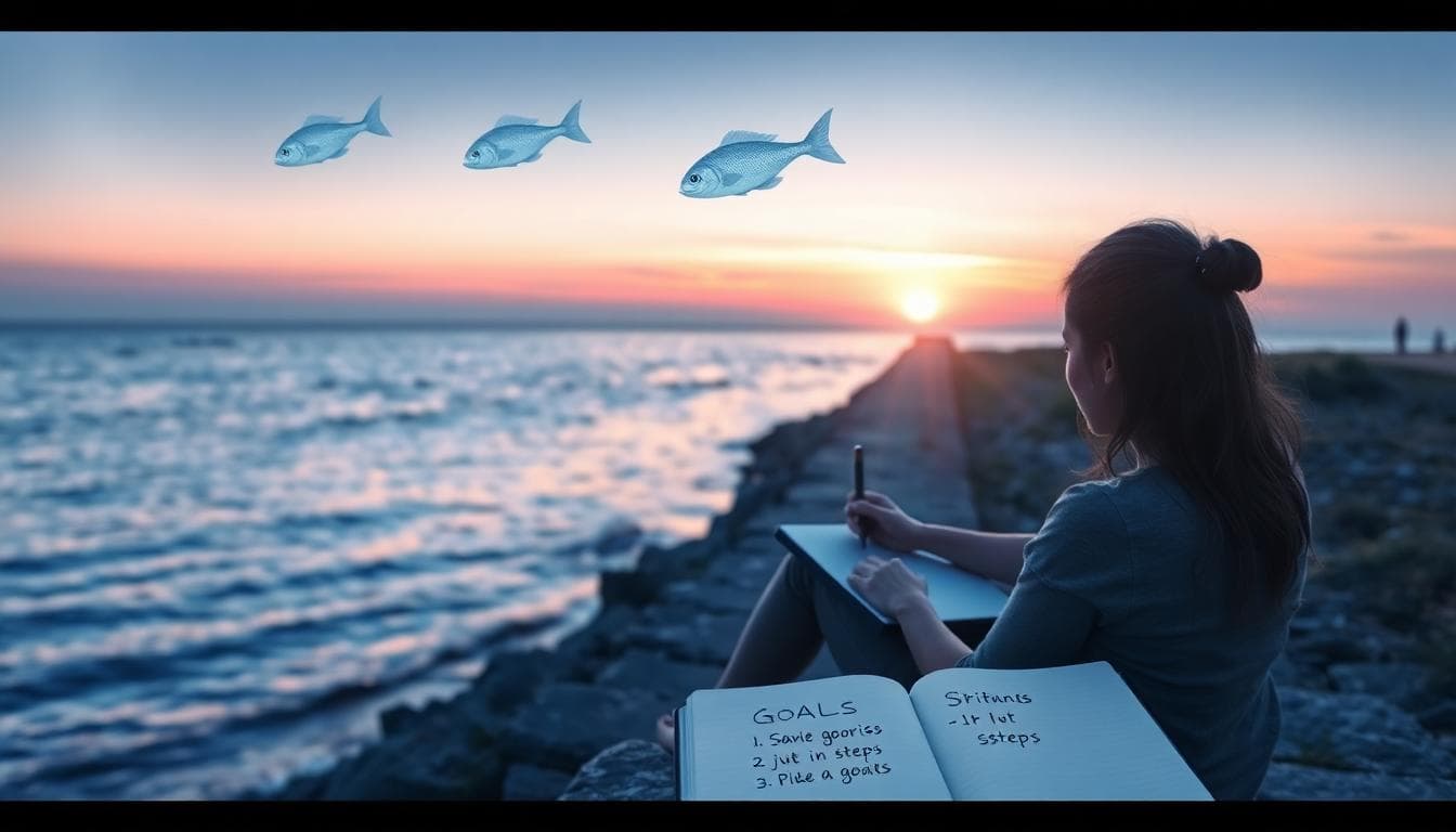Image caption: 一個人坐在海邊日落時寫下長期目標，周圍有夢幻的魚形符號代表雙魚座的想像力。Image generated by AI