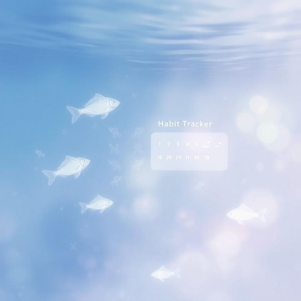 Image generated by AI：Serene underwater scene with habit-tracker motif, representing daily practices for building healthy interpersonal boundaries for Pisces