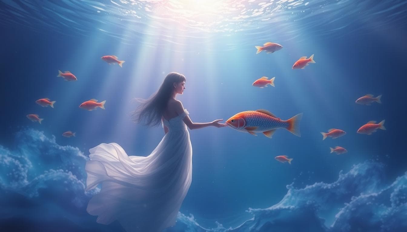 Serene underwater scene with gentle waves and colorful fish in a dreamy ocean