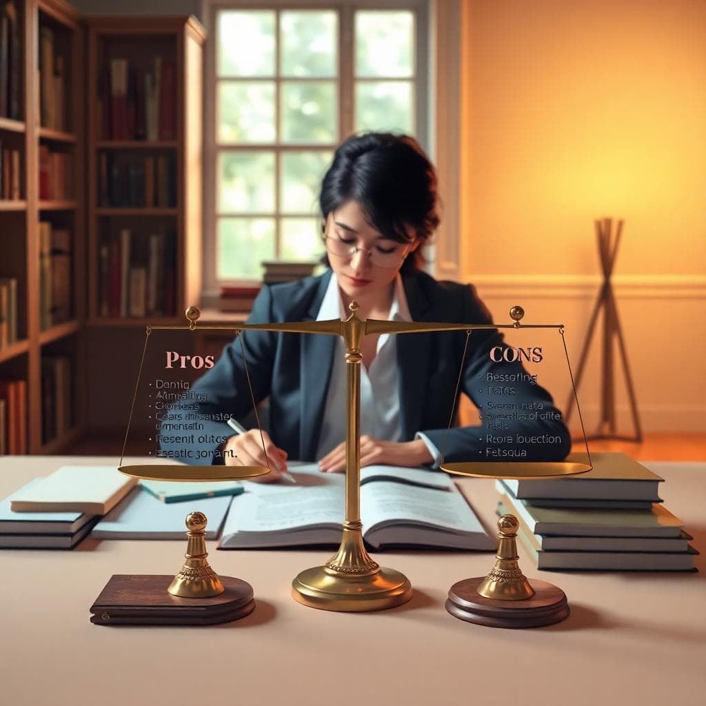 Image generated by AI: A serene person balancing pros and cons on a desk, harmonious room, clear notes and books, balanced lighting.