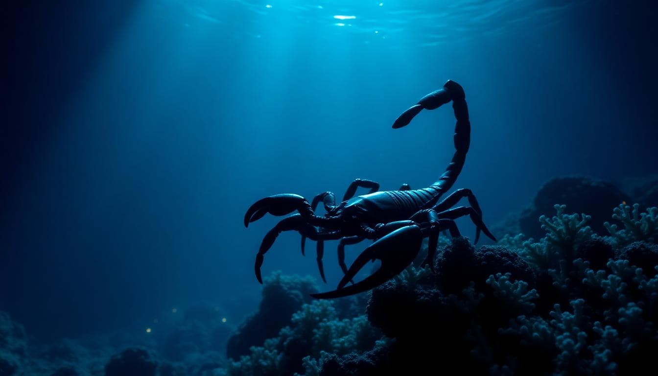 A serene underwater scene representing Scorpio's deep emotions, with a scorpion silhouette gracefully swimming in deep blue waters surrounded by glowing coral and subtle waves, evoking mystery and passion.