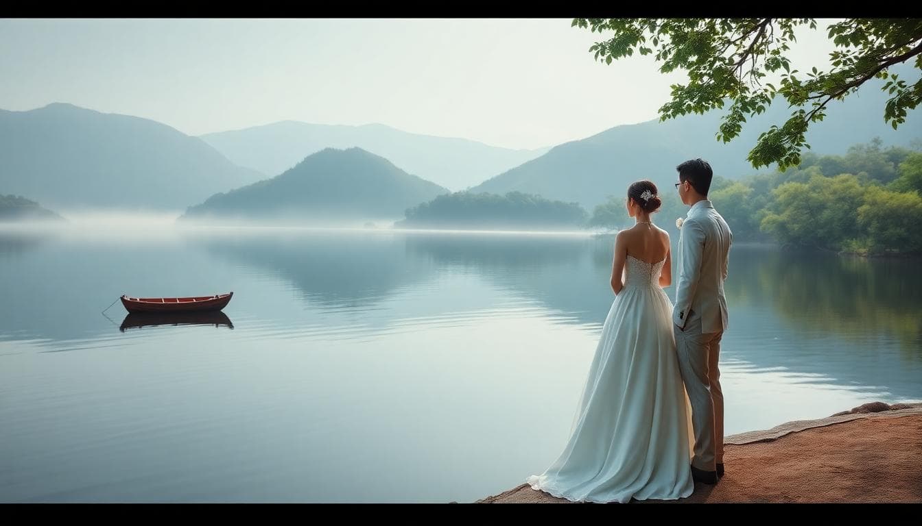 日月潭湖畔的寧靜倒影,AI 生成示意