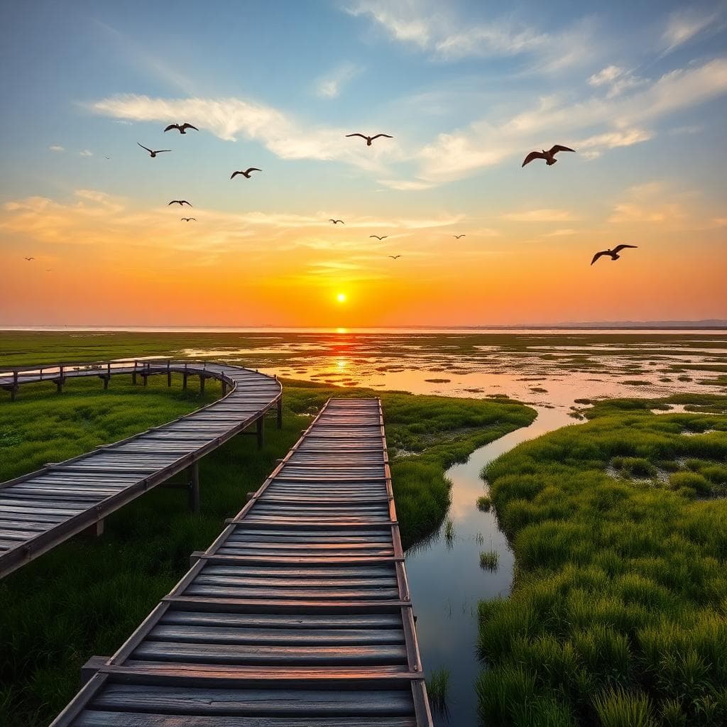 寧靜的夕陽籠罩高美濕地，木棧道延伸至潮間帶，鳥兒在天際飛翔，泥灘反射橙色光芒，邊緣綠植環繞，寧靜水道與遠方海岸線，寫實攝影風格，溫暖光線，高細節，無人無文字，方形比例