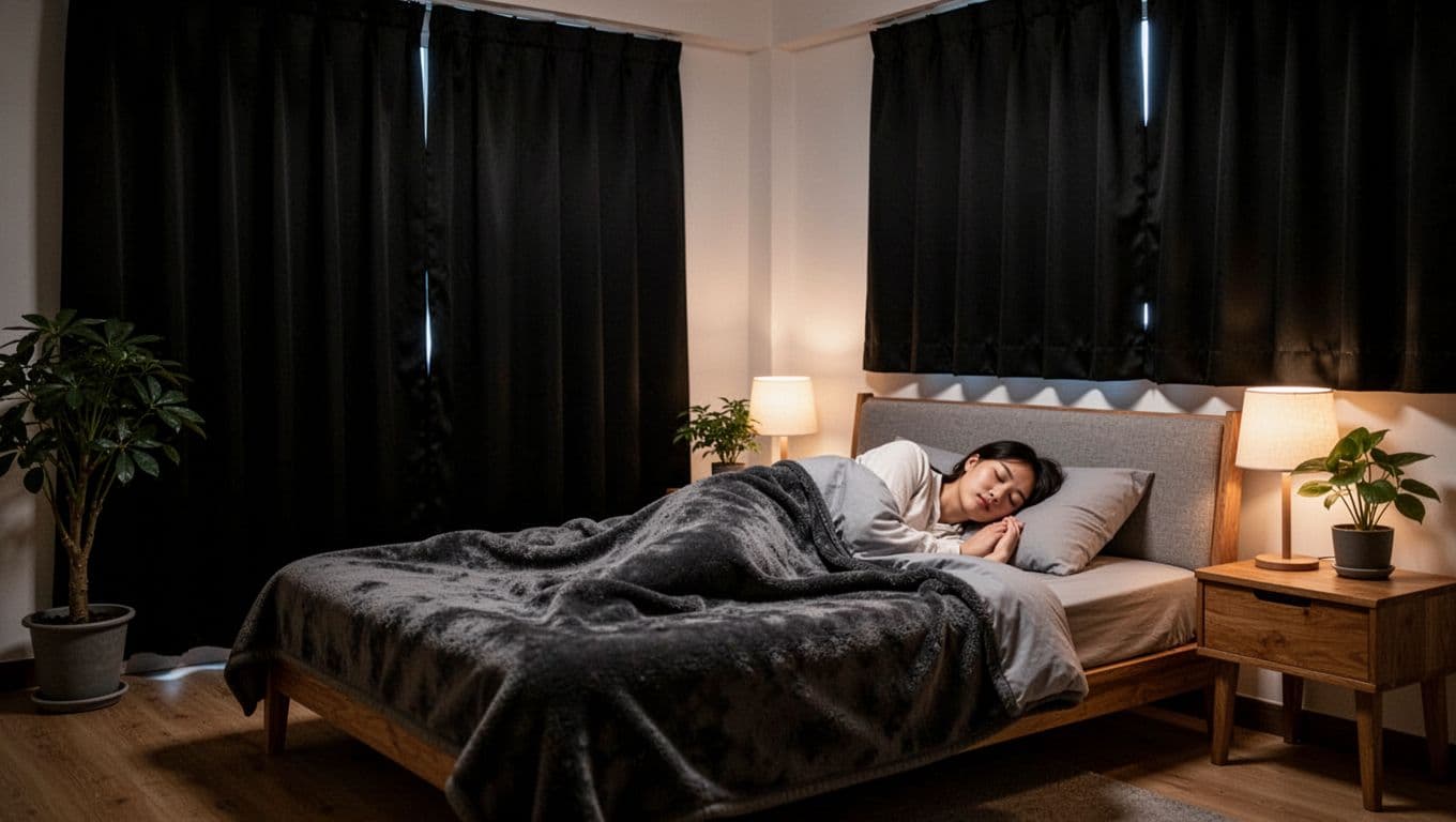 Photorealistic serene Taiwanese bedroom in early morning total darkness from thick black blackout curtains, with one young adult sleeping peacefully under cozy blankets lit by bedside lamp.
