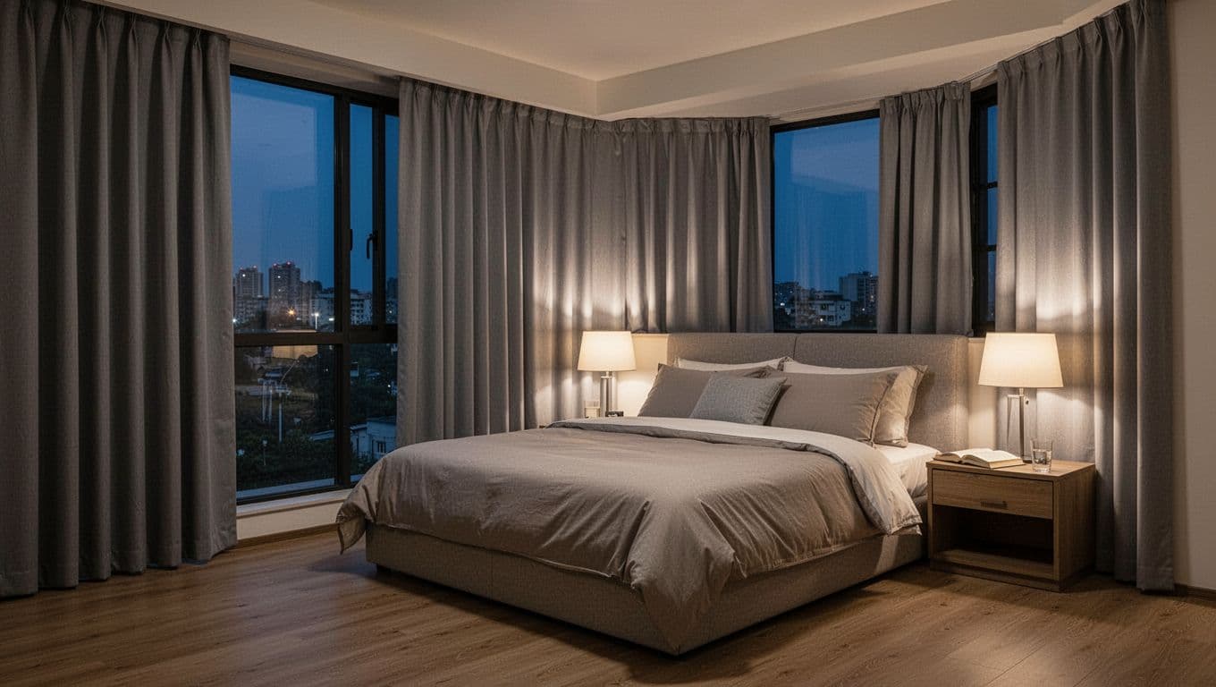 先做重點房間划算嗎?窗簾訂製分期規劃原則 A serene modern master bedroom in a Taiwanese home at night, with floor-to-ceiling and bay windows fully covered by thick soft gray blackout curtains to block all light leaks. Features a cozy king-size bed in neutral tones, wooden flooring, bedside table with warm lamp glow, book, and water glass, emphasizing privacy and deep sleep in photorealistic high detail.