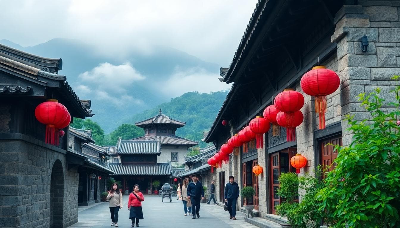 A serene view of a traditional Taiwanese historical site, such as an ancient temple or old street with red lanterns, stone architecture, and lush greenery in the background. Image generated by AI