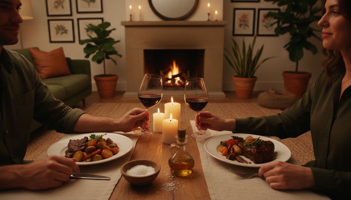 A serene scene of a Taurus couple sharing a cozy dinner by candlelight in a warmly lit room, with soft touches and relaxed expressions, emphasizing stability, sensory pleasures like food and touch, in a realistic style with earthy tones and gentle lighting. Foreground shows hands holding wine glasses and plates of gourmet food, background includes comfortable furniture and plants for a grounded feel. No text, high detail, romantic yet practical mood.