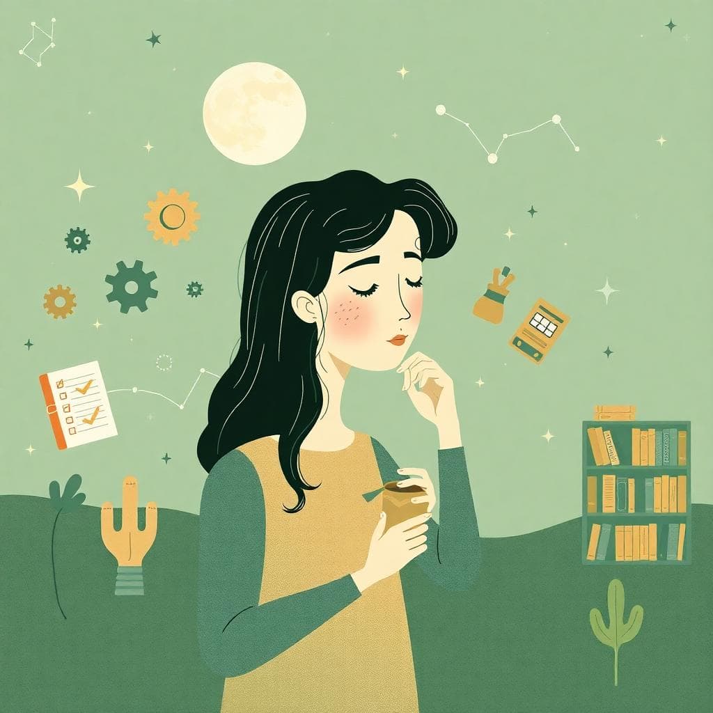 AI 生成圖像:月亮與處女座元素的和諧風格,柔和冷色調,象徵內在平衡與自我調整的過程