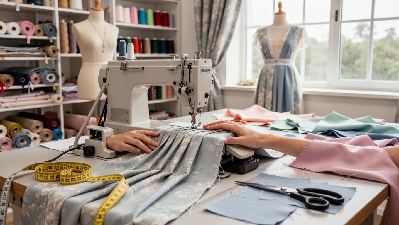 Bright sewing workshop interior with a sewing machine in the foreground stitching pleated custom curtain fabric, hands gently guiding. Organized background with fabric shelves, tailor's dummy, and natural daylight from a large window.