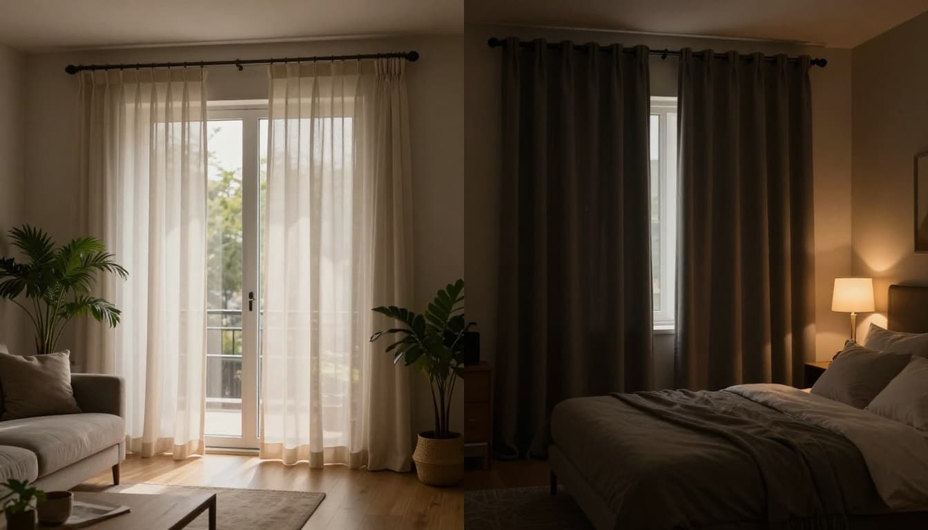 訂製窗簾想控制預算,先決定這 3 件事 Split landscape image showing a bright living room with sheer curtains softly filtering sunlight and a dim bedroom with thick blackout curtains fully drawn for privacy.
