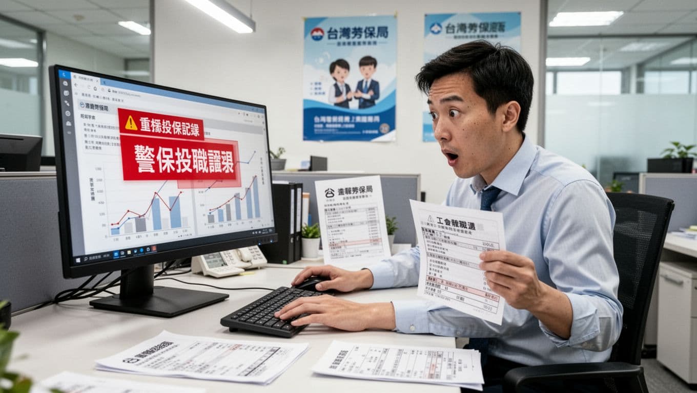 A surprised Taiwanese male office worker sits at a modern desk with a computer screen displaying overlapping labor insurance records marked by red warnings, holding a union job transfer certificate in his left hand. The desk has a salary slip and double insurance notice, with a Taiwan Labor Insurance Bureau poster on the office wall behind.