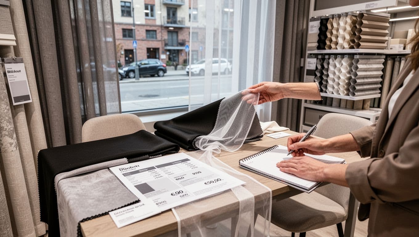 Photorealistic scene inside a home decor store where one person examines curtain fabric samples and price quotes on a table, comparing swatches of thick blackout inner layer and thin voile outer layer fabrics, with a low-floor apartment window showing street view in the background.