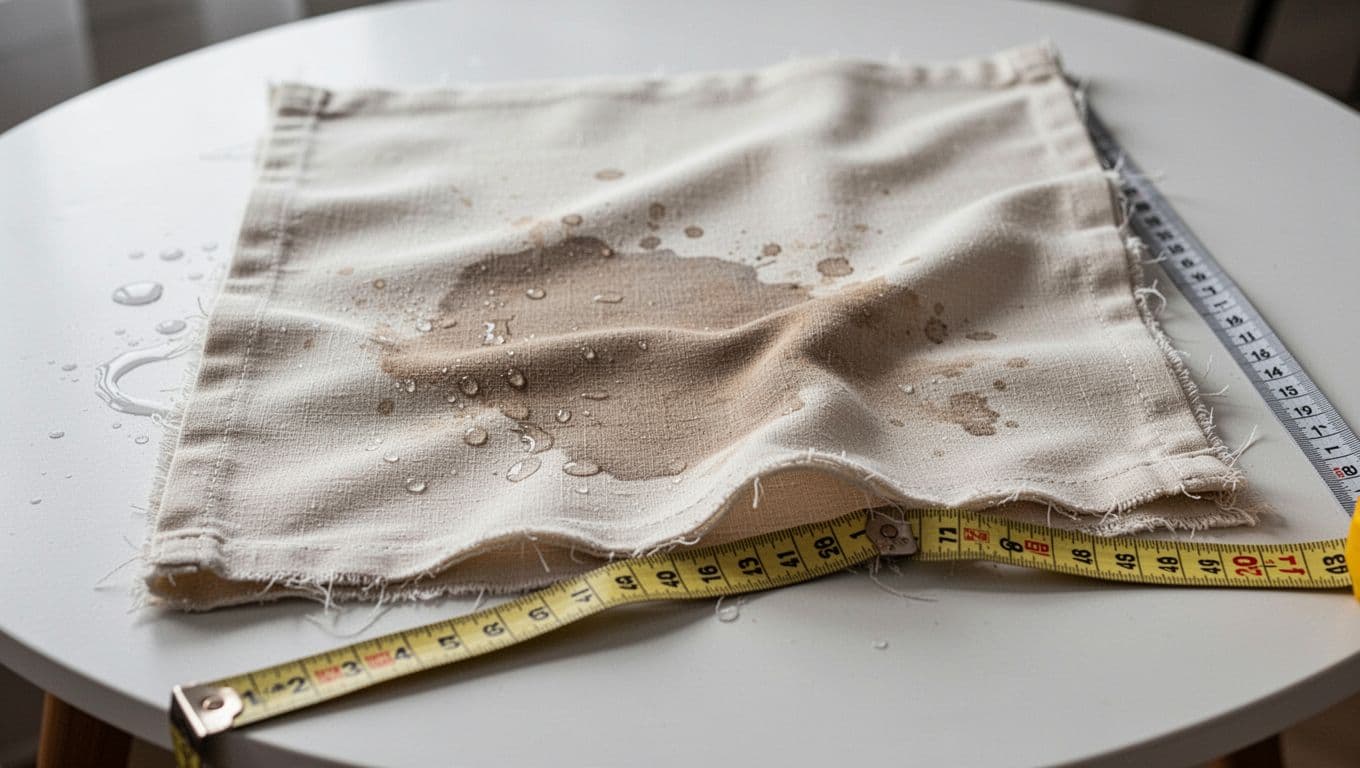 Realistic close-up of a single custom window curtain fabric panel laid flat on a white table, displaying shrinkage effects from hot water washing and steam ironing, including wavy shortened edges, puckered spots, subtle stains, and heat marks, with a tape measure highlighting contraction.