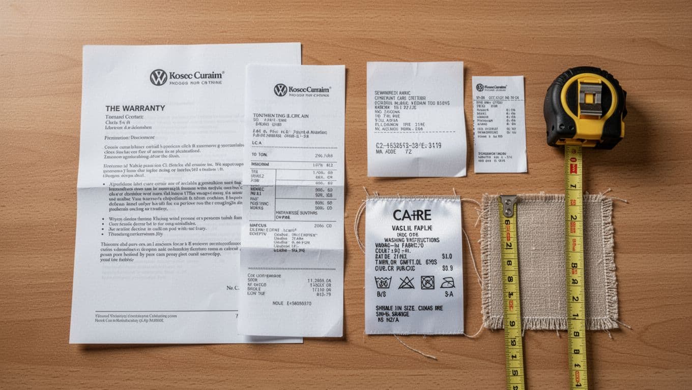 Photorealistic flat lay on wooden desk featuring warranty documents for custom curtains, sewn-in fabric care label with washing instructions, cleaning service receipts, and tape measure beside shrunken curtain fabric sample.