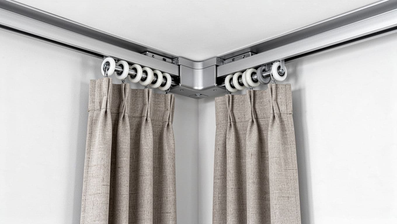 Photorealistic showroom demonstration of a high-end silent curtain track system with matte silver aluminum rails flush-mounted to the ceiling, nylon rollers gliding smoothly around a 90-degree corner, pulling two neutral linen-like curtain panels half-open without noise or jerk.