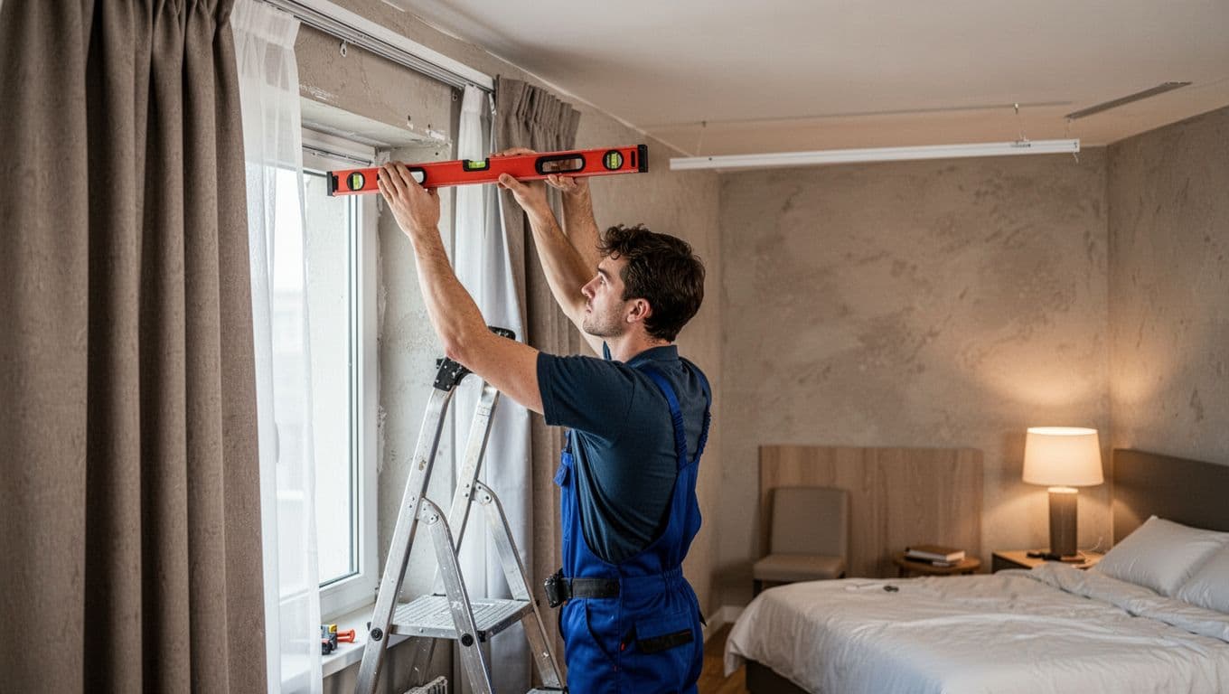 訂製窗簾報價很便宜,可能少了哪些項目 A skilled worker carefully installs curtain tracks on a window in a modern apartment bedroom, using a level tool for precise alignment on a textured wall, with a ladder nearby and partially hung curtains.
