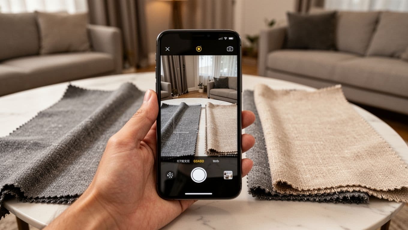 Close-up of a smartphone screen and hand holding the phone photographing curtain fabric swatches on a table in a living room, comparing gray and beige samples side-by-side with subtle exposure lock icons.