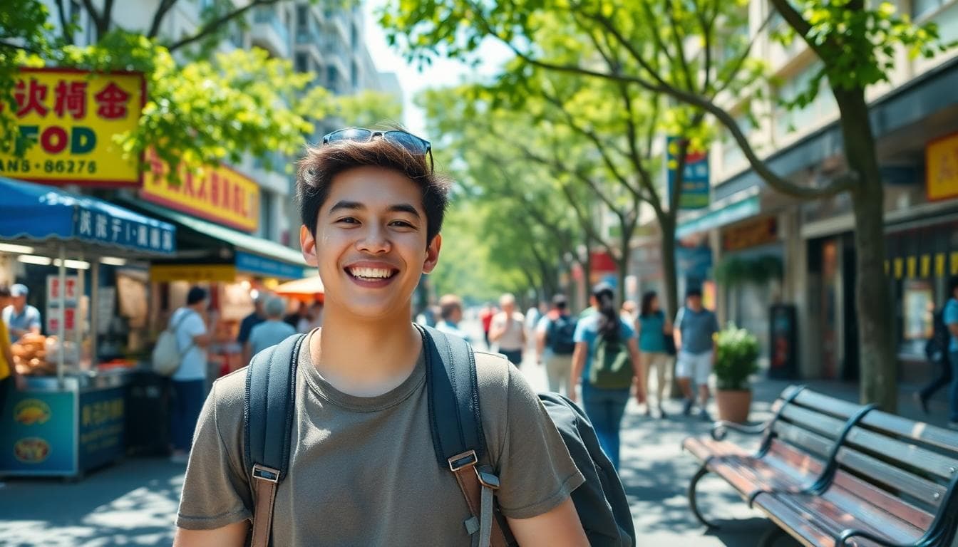 A young backpacker smiling while walking on a sunny street in Taichung, Taiwan, surrounded by affordable street food stalls, free park benches, and local shops in the background, vibrant urban atmosphere with green trees and people enjoying budget travel, realistic style, natural lighting, no text or watermarks, focus on joyful and economical vibe.