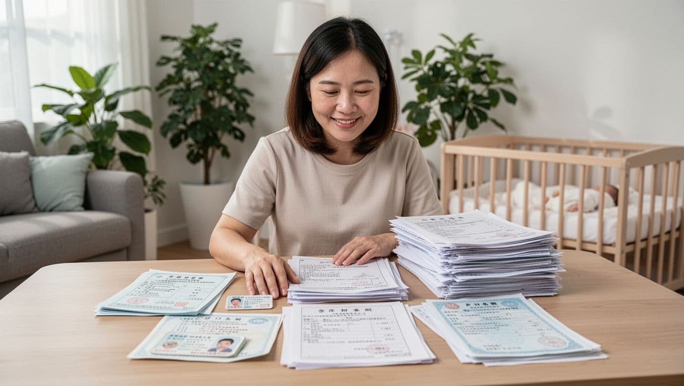 接案媽媽生育給付怎麼領:條件、金額與申請流程全解析 A Taiwanese mother smiles while organizing birth-related documents like ID card, household registry, and hospital proofs on a bright living room table. Files are neatly spread in the foreground, with a baby crib and green plants in the background under soft indoor lighting in a realistic photo style.