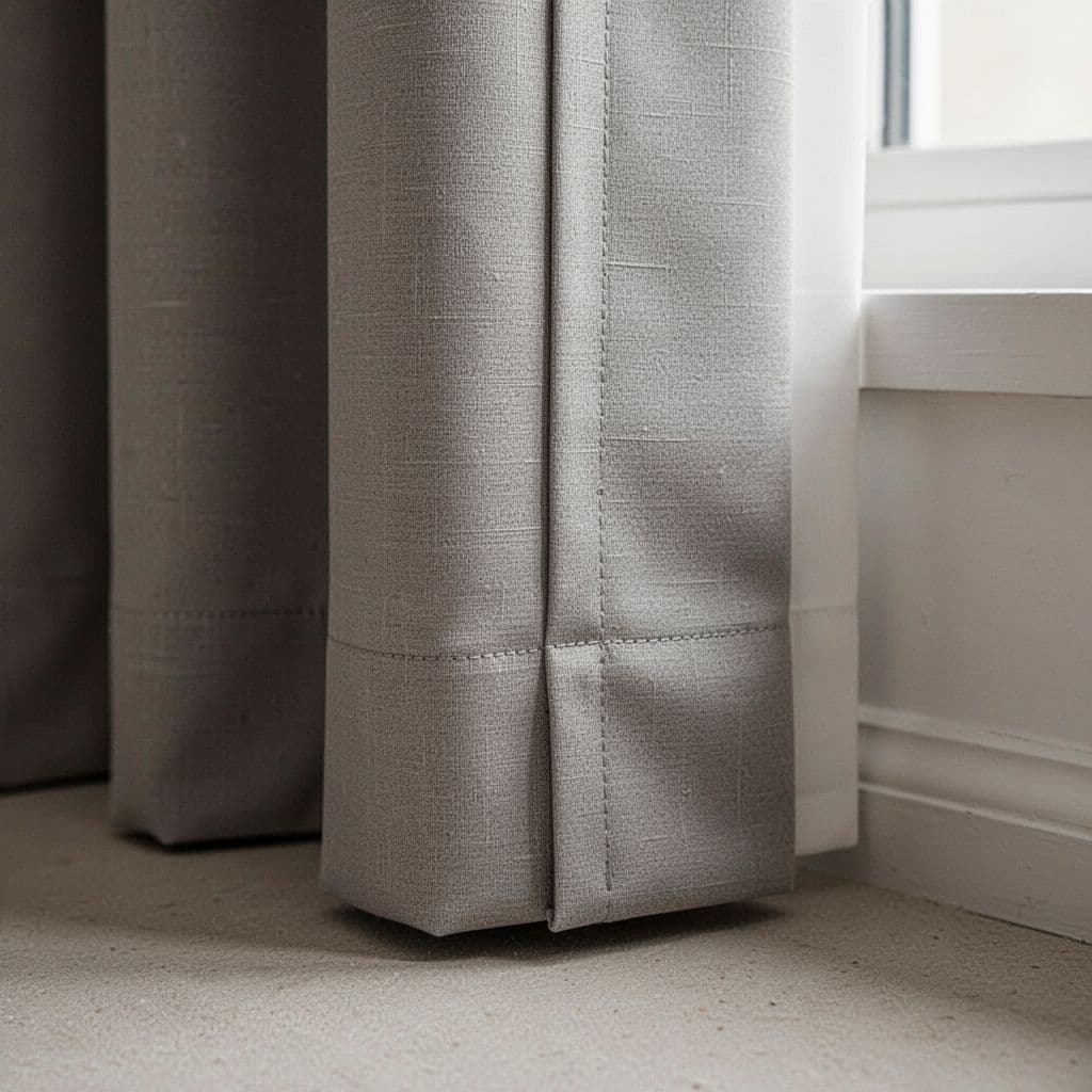High-resolution macro shot of high-quality custom curtain edges featuring smooth straight hemline, even stitching, subtle seams, and fabric texture in a home setting with soft natural light.