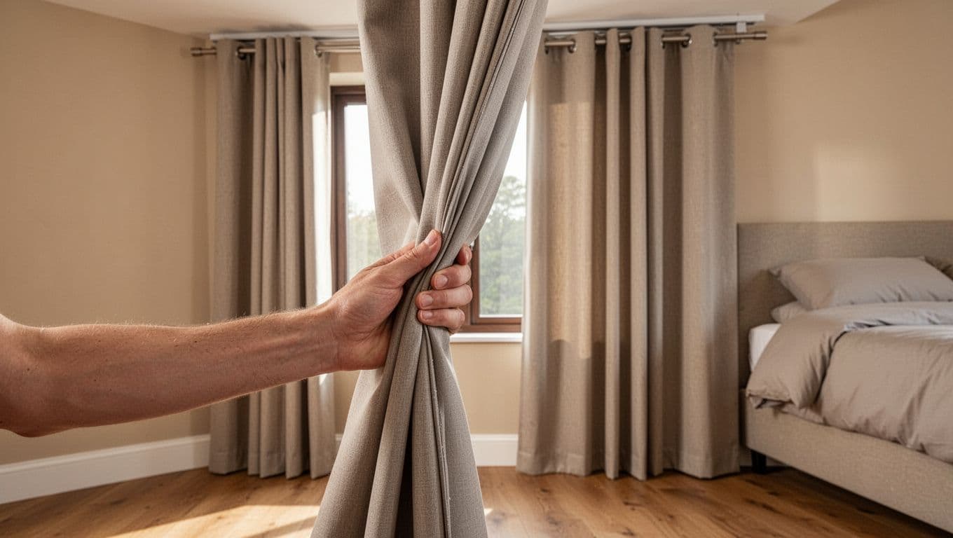 Photorealistic close-up of a hand gently pulling custom curtains open and closed in a contemporary bedroom, with fabric gliding effortlessly without scratches or light leaks.
