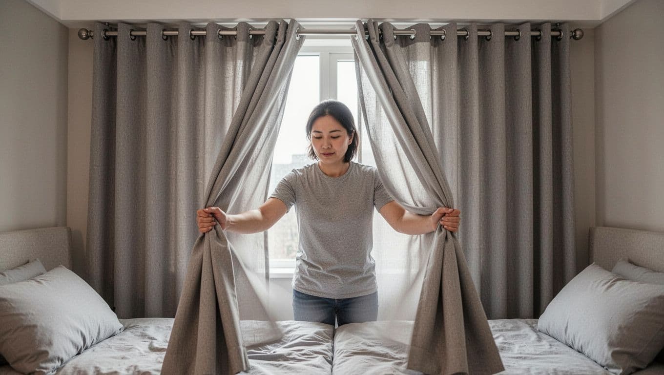 訂製窗簾裝歪怎麼辦?驗收自檢與修法全指南 Photorealistic scene in a contemporary bedroom with one person gently pulling double custom curtains back and forth smoothly along the track, showing no offset, snagging, or damage, with wheels gliding evenly and relaxed hands partially holding the edge.