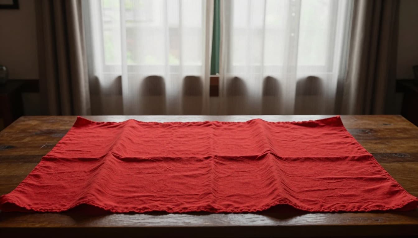 A piece of soft pure cotton Taiwanese fabric laid flat on a wooden table highlights its delicate texture and vibrant colors in the foreground, with traditional Taiwanese living room curtains hanging in the softly lit background, evoking a comfortable home atmosphere.
