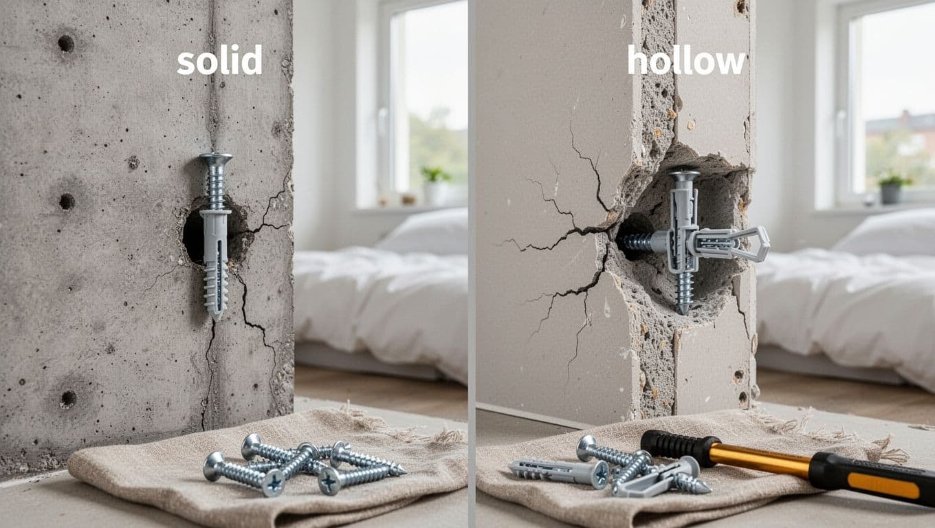 Realistic photo showing side-by-side comparison on apartment walls: left solid concrete wall with properly installed expansion screw anchor tight in hole no cracks, right hollow gypsum board wall with toggle bolt or hollow wall anchor expanded inside cavity secure.