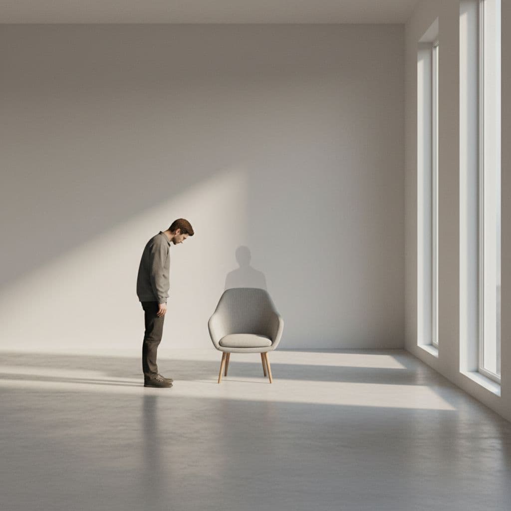 A person stands silently in a minimalist sunlit room gazing at an empty wooden chair.